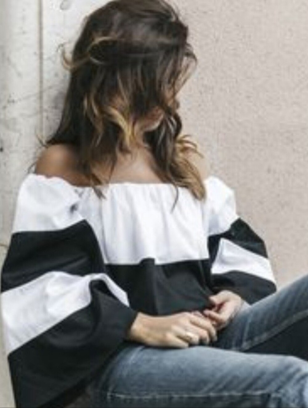 DO+BE White Black Striped Blouse Off Shoulder Flared Sleeves Size Medium